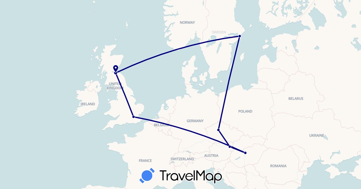 TravelMap itinerary: driving in Austria, Czech Republic, United Kingdom, Hungary, Sweden (Europe)